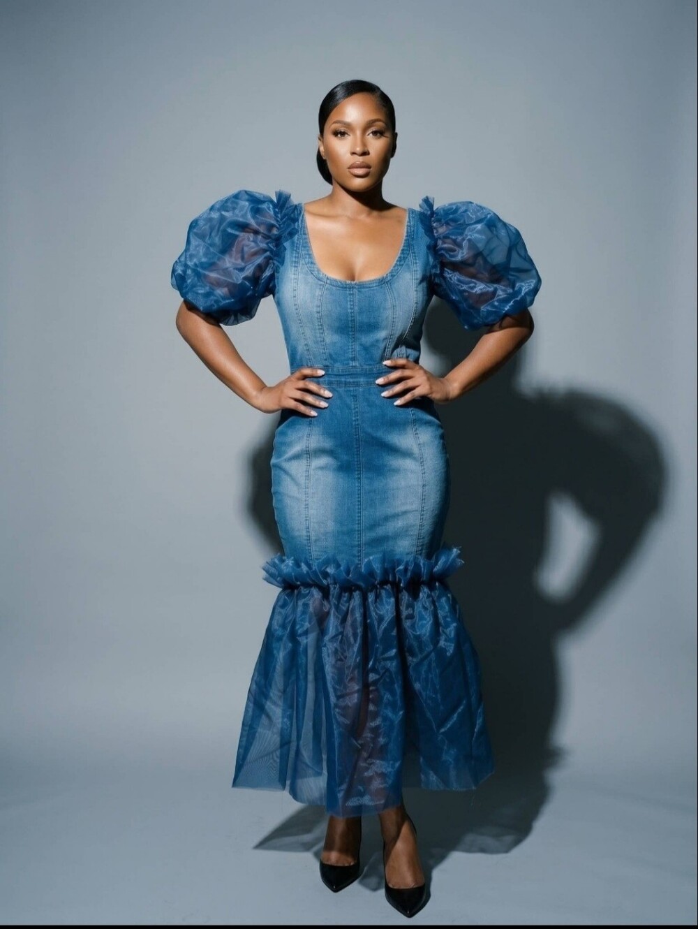 Denim Blue Puff-Sleeve Mermaid Dress